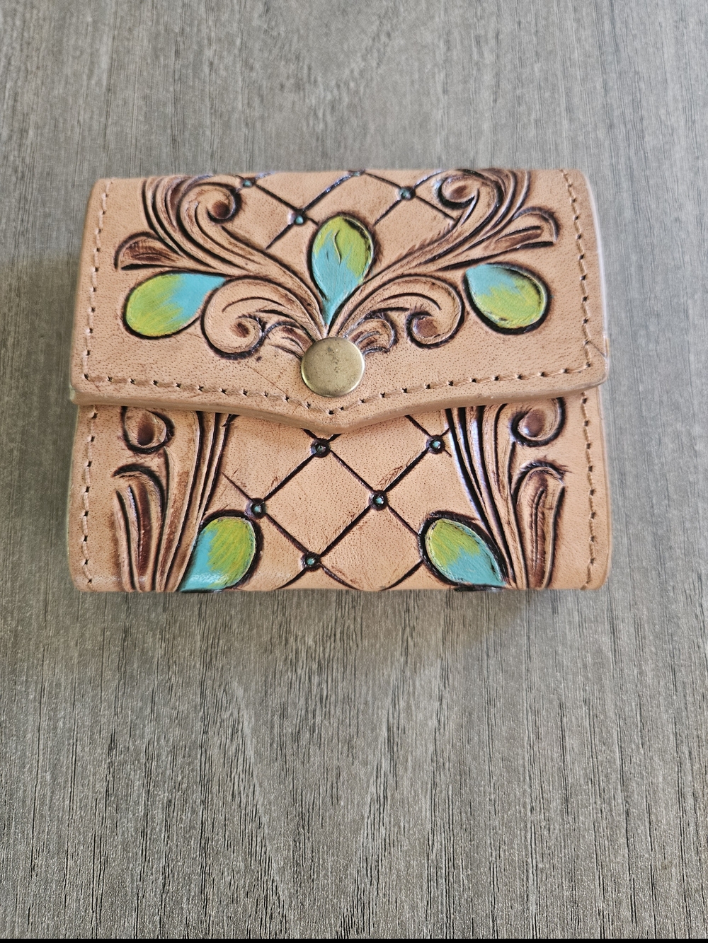 Hand-Tooled Hand Painted Floral Leather Wallet in Tan with Teal Accents-NWOT
